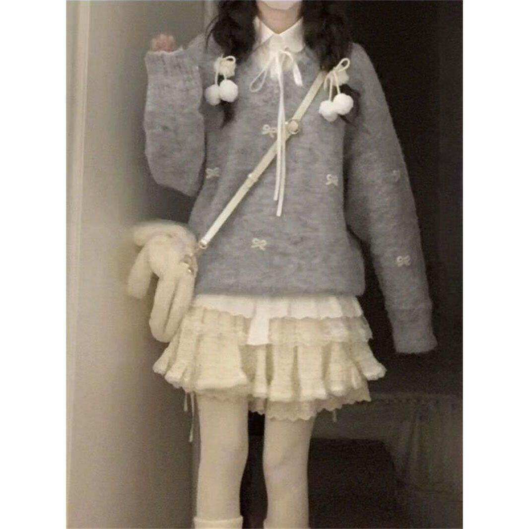 秋冬一整套穿搭学院风复古蝴蝶结刺绣针织衫套头毛衣女白色衬衫