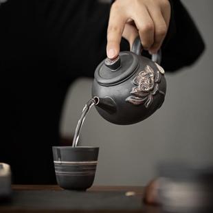直销侘寂风茶壶手工浮雕莲花莲蓬日式 新款 复古陶瓷功夫茶具家用泡