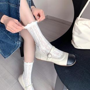 直销诸暨袜子女春夏薄款 新款 中筒女袜网纹透气堆堆袜ins木耳边潮