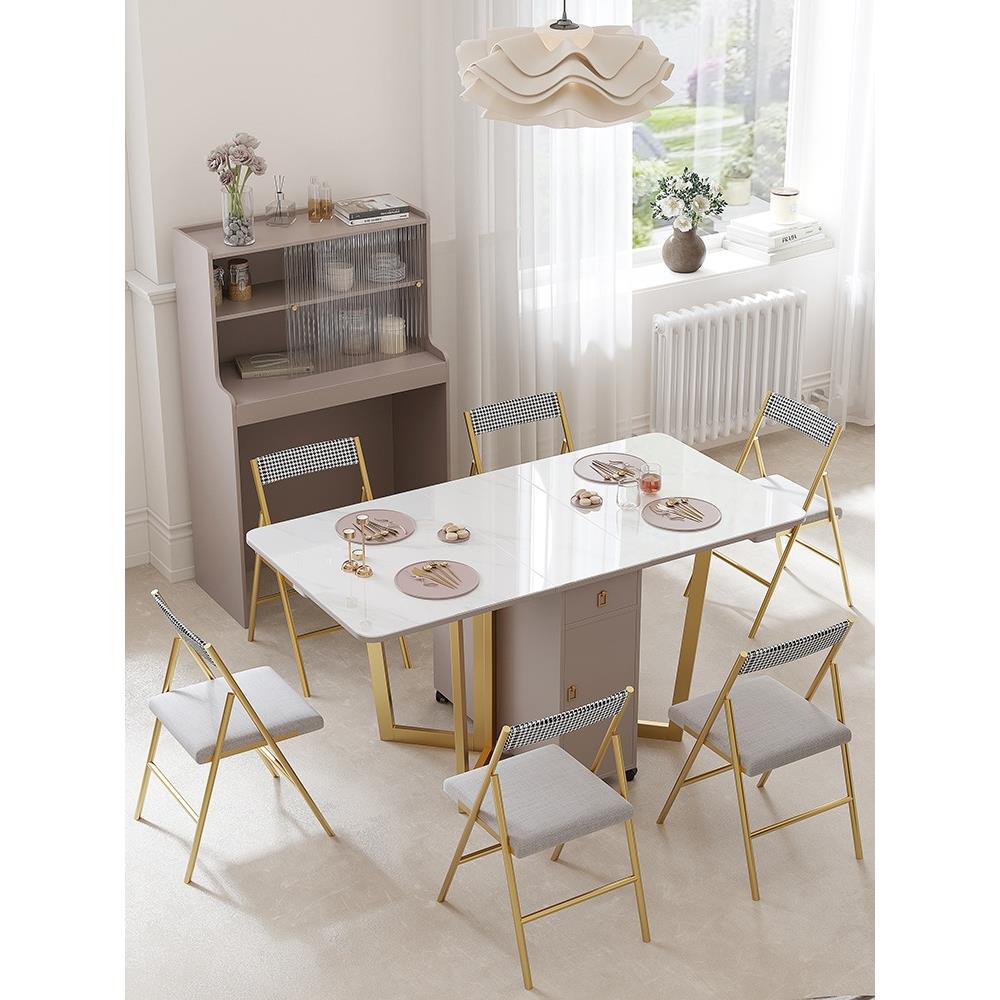 现代简约轻奢岩板折叠餐桌餐边柜一体家用小户型可伸缩餐桌椅组合