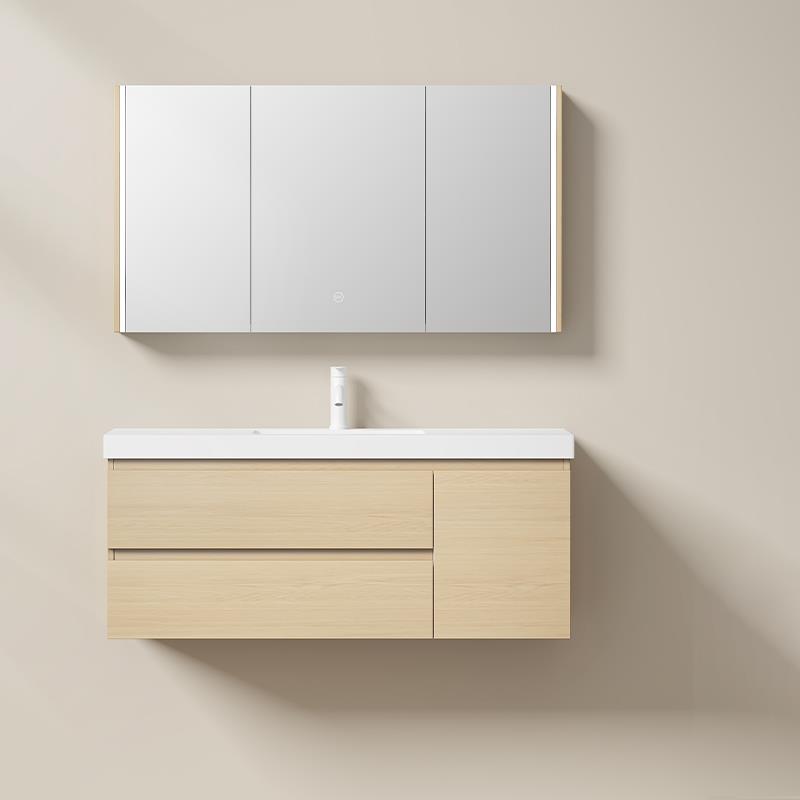 5V岩板一体陶瓷盆浴室柜现代轻奢智能原木色镜柜2024新款