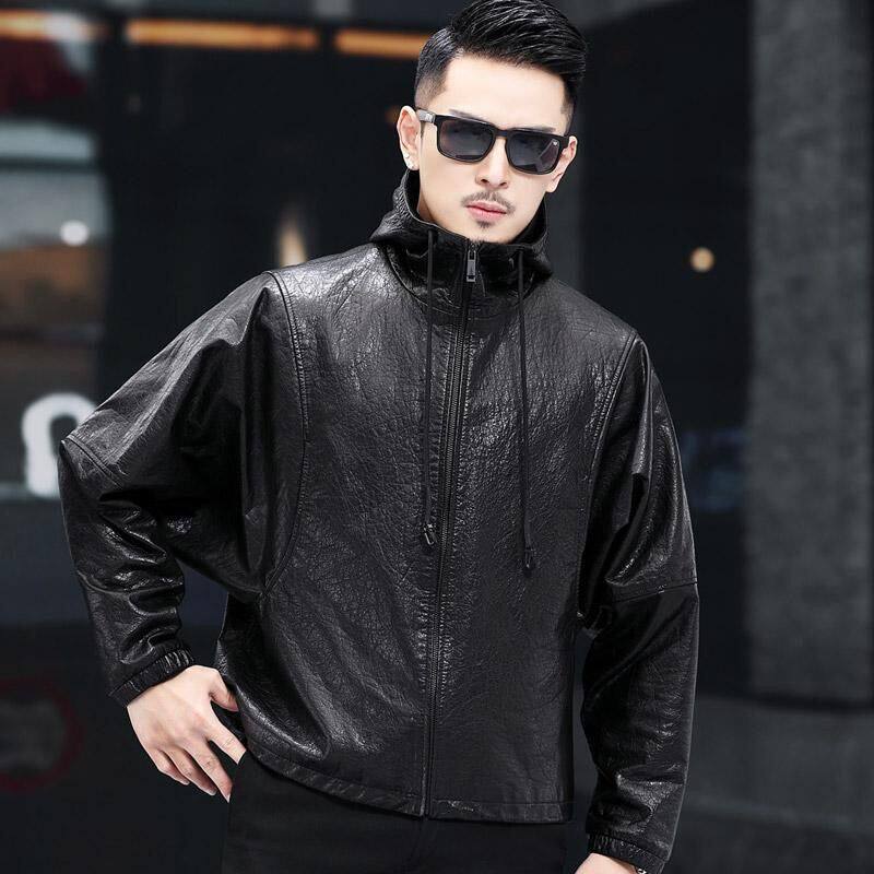 海宁带帽皮夹克卫衣男青年宽松真皮皮衣短款2025秋冬新款连帽外套