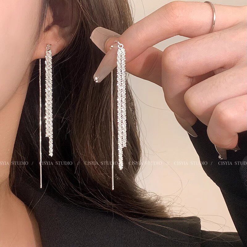 满天星银色流苏耳环女秋冬精致轻耳钉