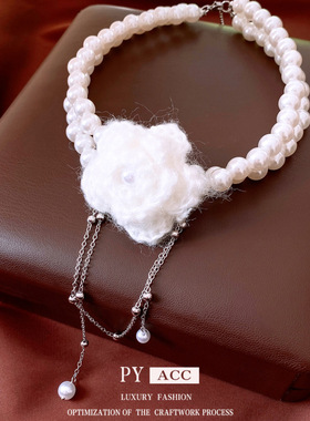 双层珍珠串珠针织花朵吊坠项链复古百搭感毛衣链优雅气质项饰