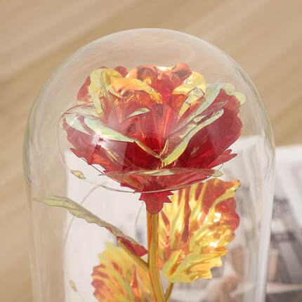 新款直销永生花玻璃罩金箔花 跨境 led灯玫瑰花七夕节情人节创意