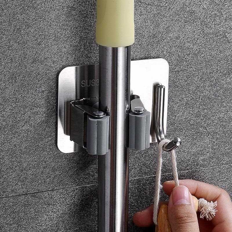 新款直销304不锈钢拖把架免打孔扫把架拖把夹挂钩浴室门后收纳扫