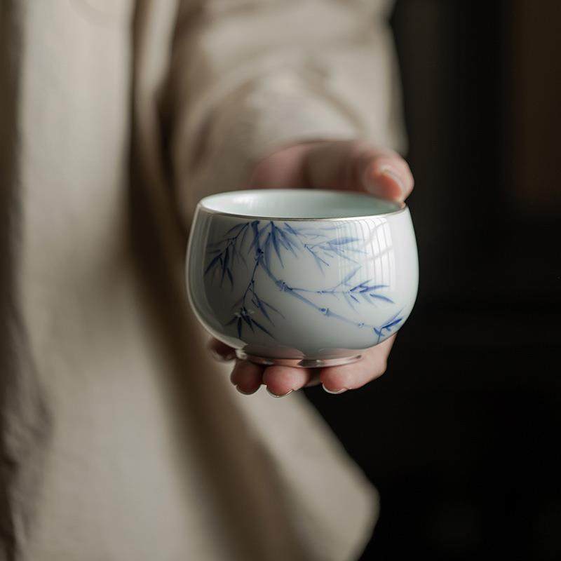 新款直销 古青手绘描银主人杯 功夫茶具喝茶品茗杯大号 青花手绘,餐饮具,茶杯,淘宝优惠券,粉丝福利购,淘宝优惠卷