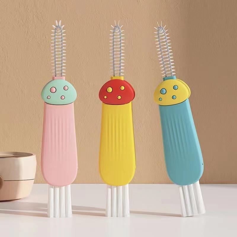 新款直销卡通三合一杯刷多功能蘑菇盖刷凹槽胶圈清洁刷缝隙奶瓶刷