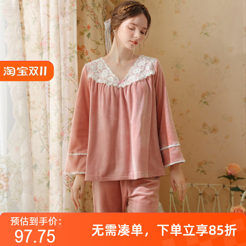 法式秋冬季新款绒睡衣少女士加厚保暖可爱宫廷风2件套装家居服