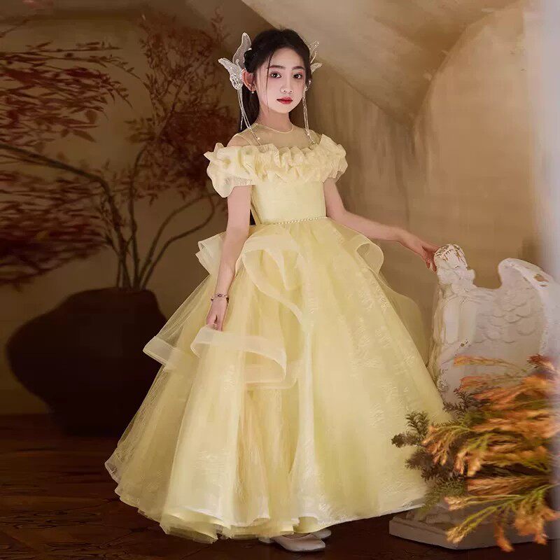 黄色女童高端主持人生日礼服图片