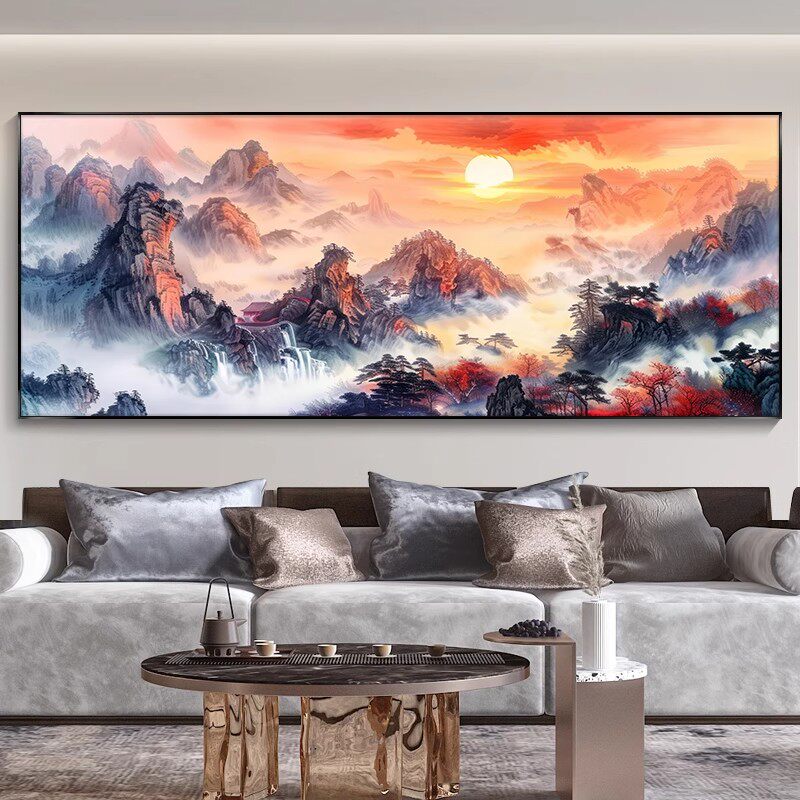 流水生财客厅装饰画背有靠山沙发背景墙挂画办公室大气山水壁画