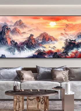 流水生财客厅装饰画背有靠山沙发背景墙挂画办公室大气山水壁画