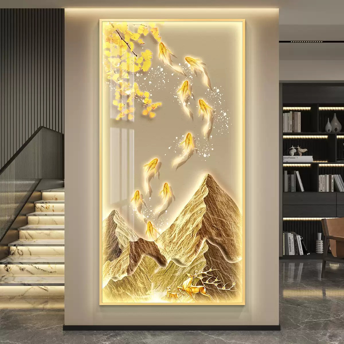 轻奢风九鱼聚财灯画玄关挂画镶钻晶钻壁画LED灯画走廊过道装饰画图片