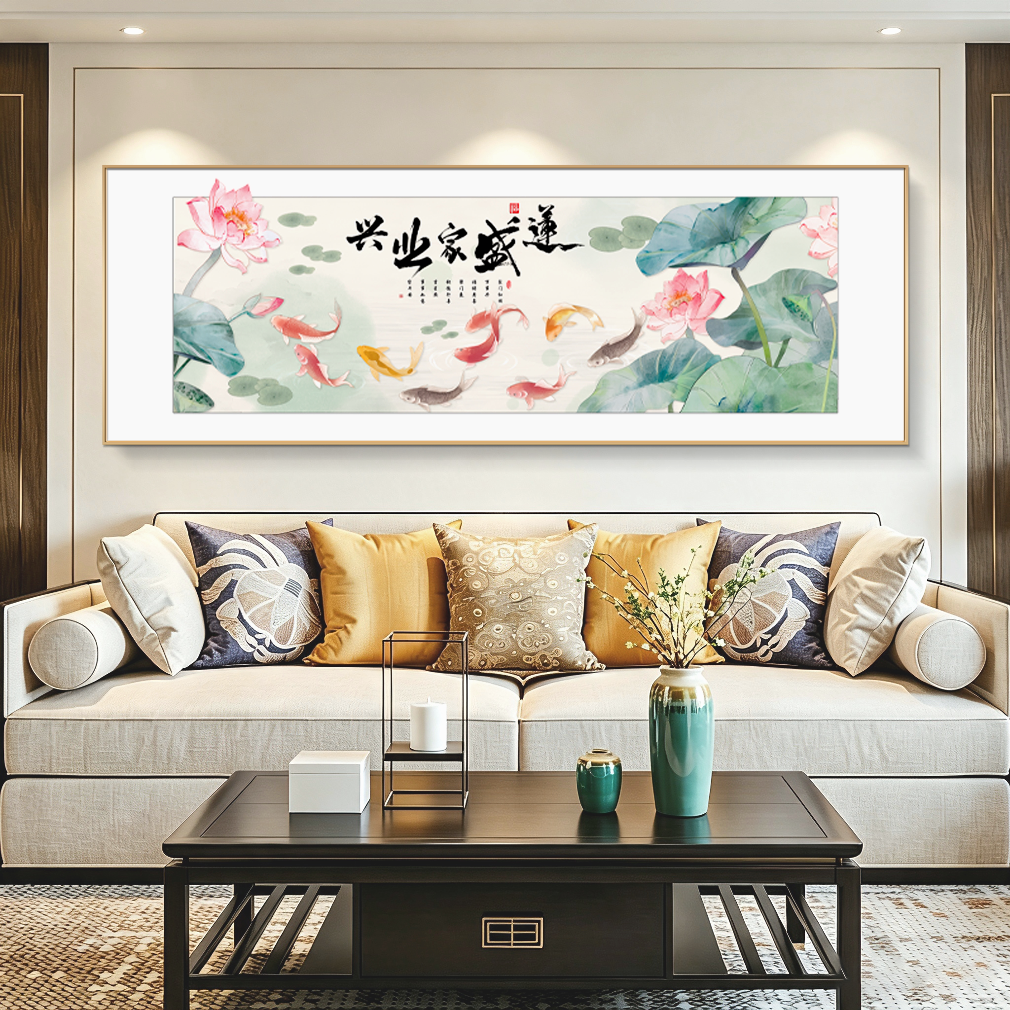 莲盛家业兴客厅装饰画新中式荷花图沙发背景墙挂画走廊招财壁画