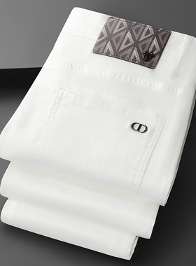 秋冬款欧洲站轻奢加厚白色牛仔裤男纯棉长裤弹力修身小直筒裤潮牌