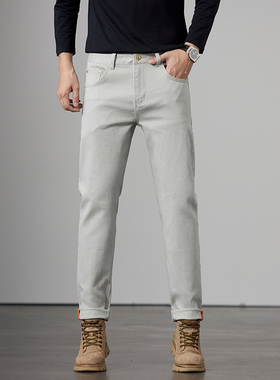 2025新款秋冬季浅灰色牛仔裤男款修身小直筒轻奢商务休闲男士裤子