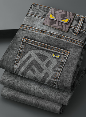 秋冬款欧货新款欧洲站轻奢加厚灰色印花长裤弹力修身小直筒裤潮牌