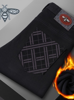 GOUOI秋冬厚款加绒牛仔裤男士轻奢印花弹力修身高端男装剌绣长裤