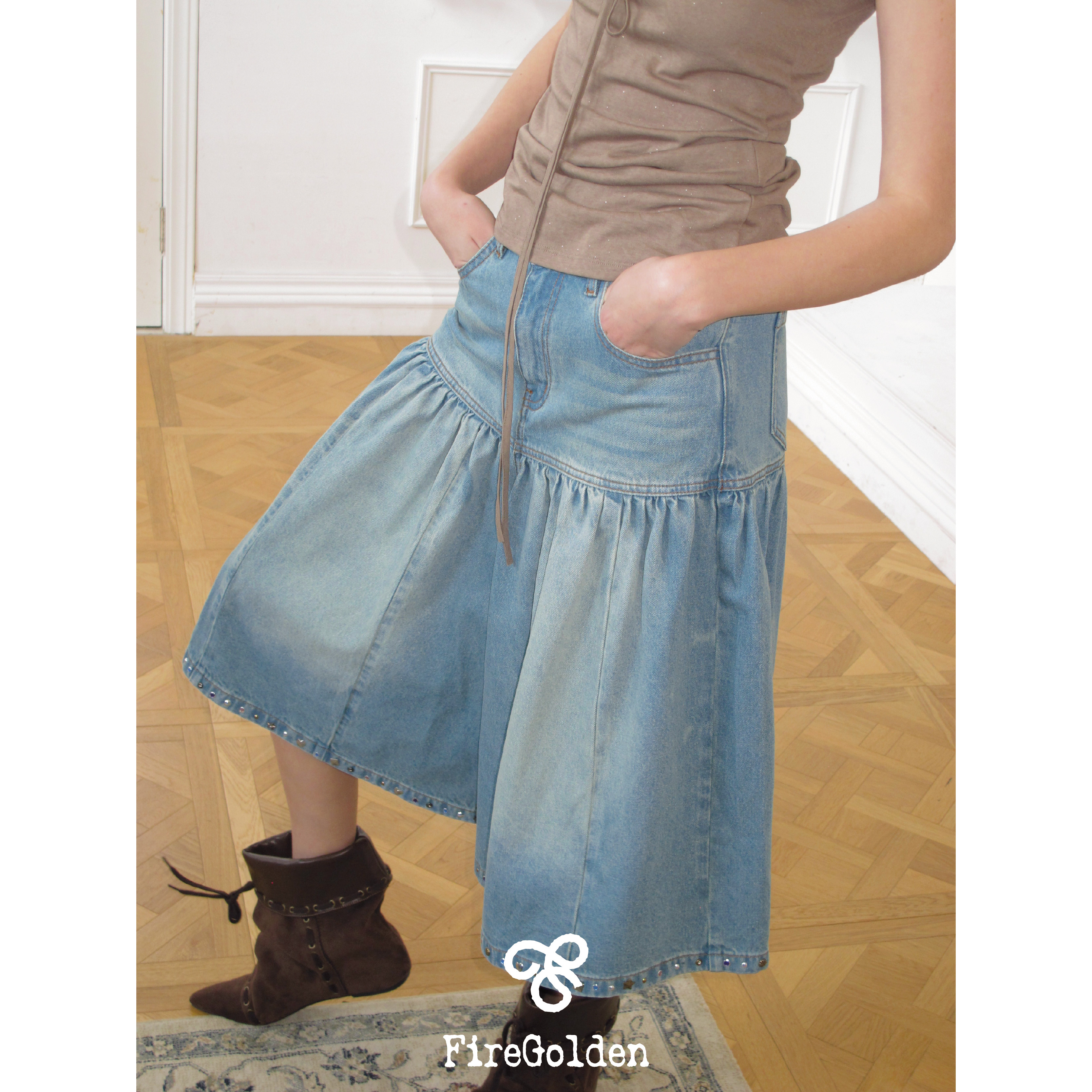 FireGolden炉春夏烫钻“雅痞”切割阔腿牛仔裤中裤