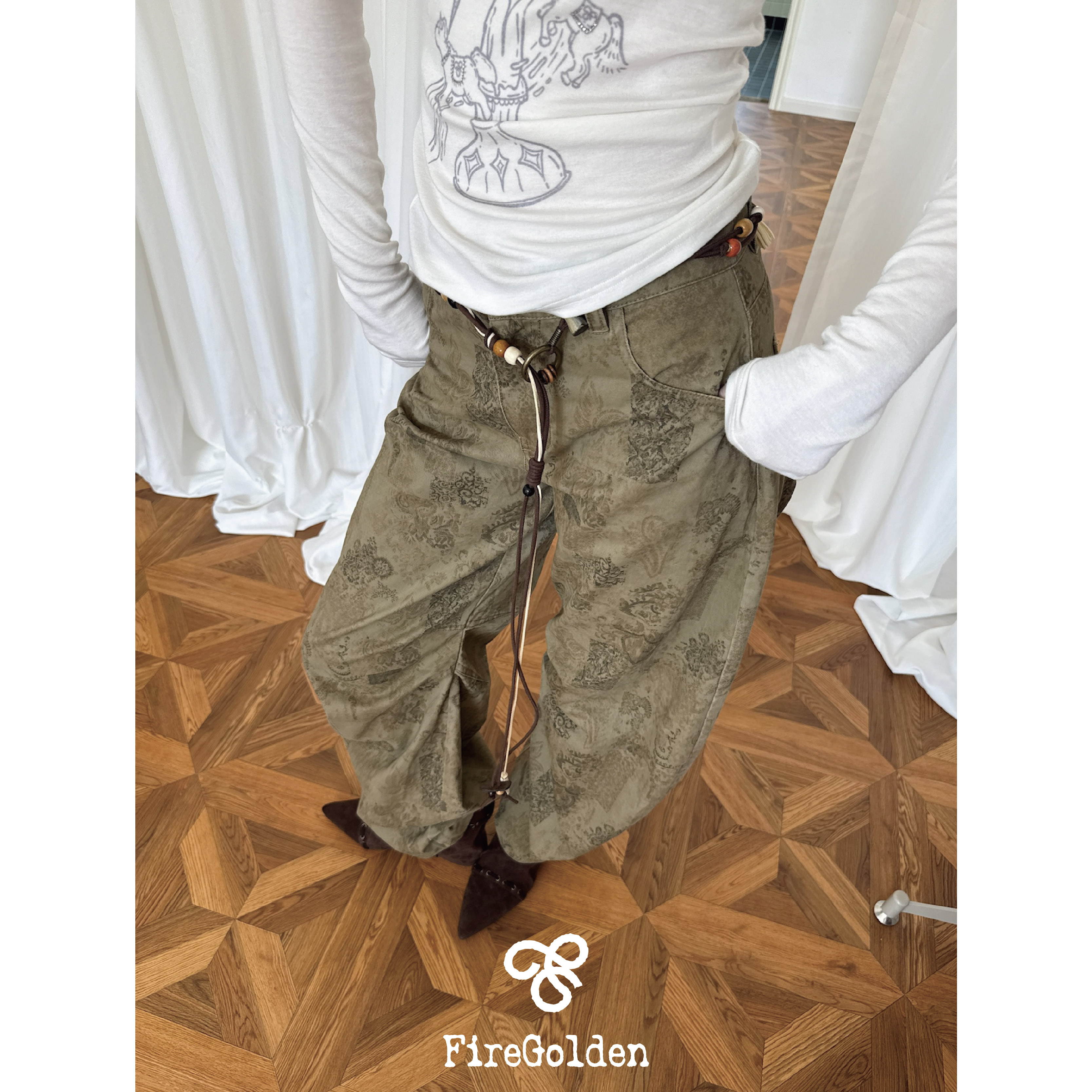 FireGolden炉2025秋冬复古腰果花印花弯刀裤中腰