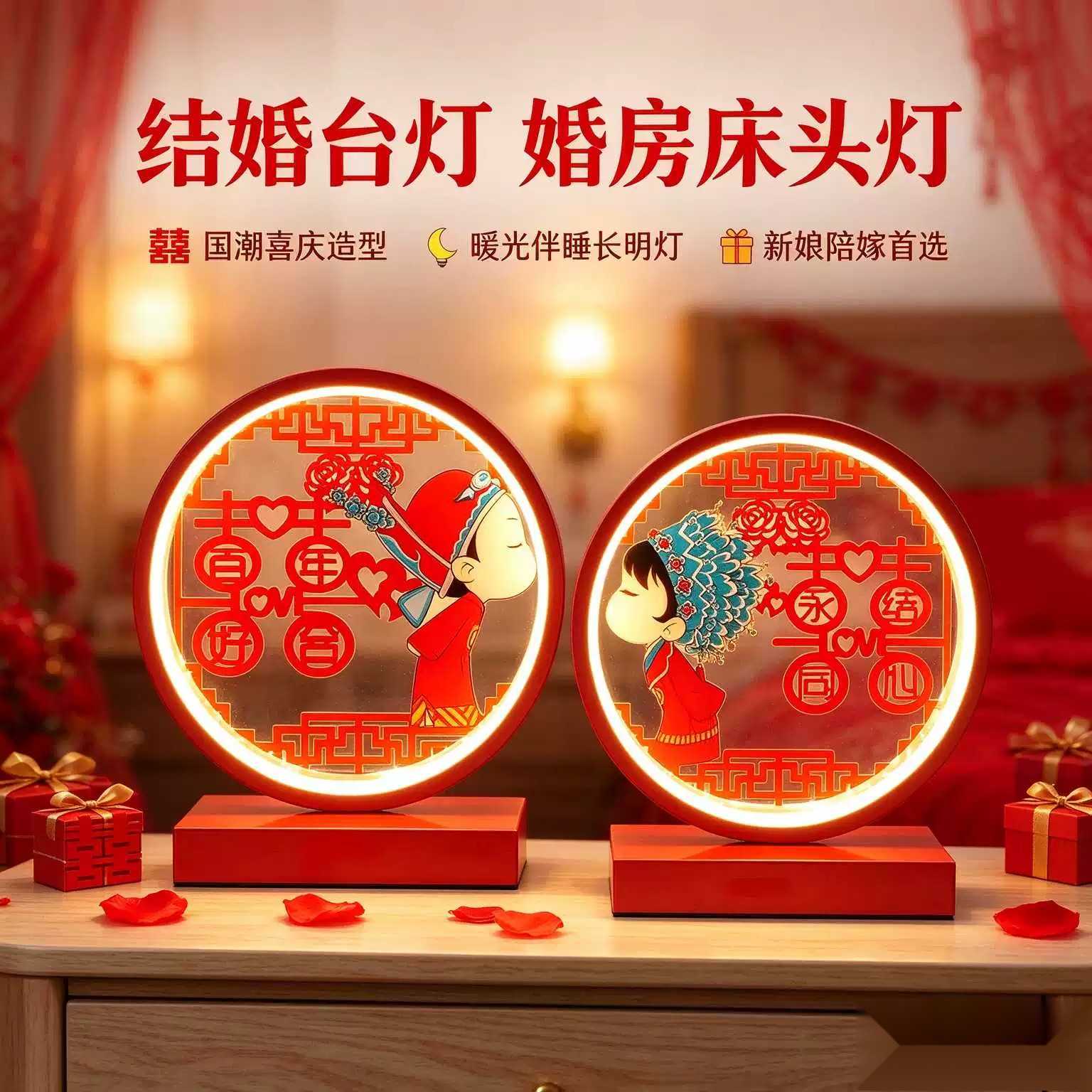 结婚台灯婚房床头灯创意结婚长明灯长命灯一对送新人礼物陪嫁红色