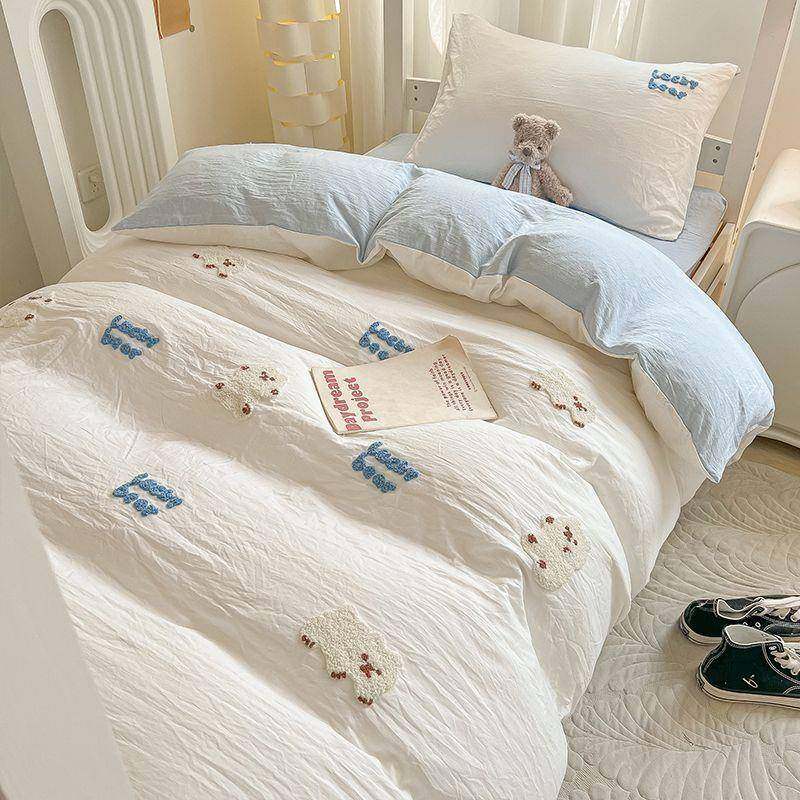 巾水RZQ洗棉毛绣四件套可爱被套小清女新床单被罩学生件宿舍三套