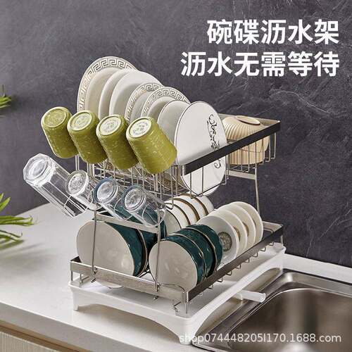 双层可拆卸碗碟收沥水架大容碗筷架收纳碟FLV子纳厨房收纳量置物