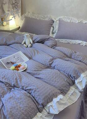 花边蓝色泡芙纱上四件水洗棉文无品牌/艺151.8米套被套床床单.三