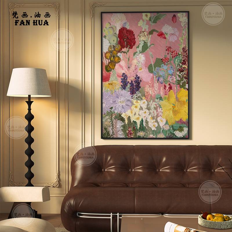 美式轻奢艺术彩色花卉手绘玄关装饰画肌理感客厅卧室壁画餐厅挂画图片