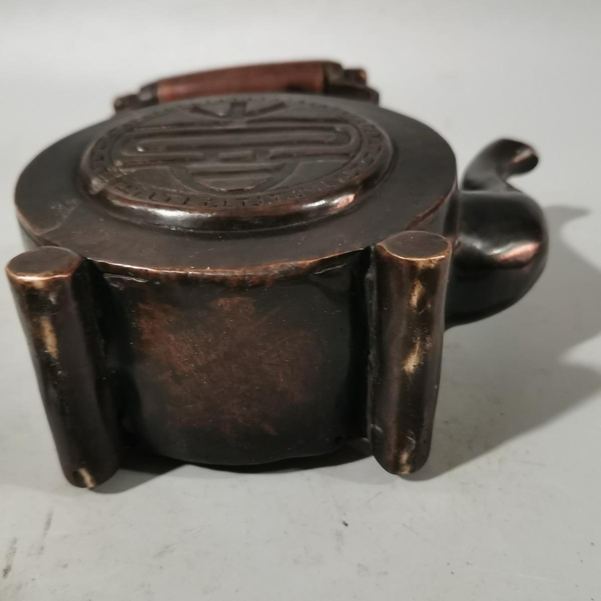 仿古铜壶摆复古工艺圆形铜酒壶提梁壶工家件居装饰艺品复古铜圆古