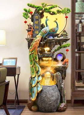 孔雀落地假循山流财tb-74611水喷摆件客厅加湿器泉生装饰风水轮高