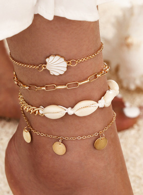 夏日波西米亚风 天然贝壳圆币流苏脚链 闺蜜同款Anklets 四件套