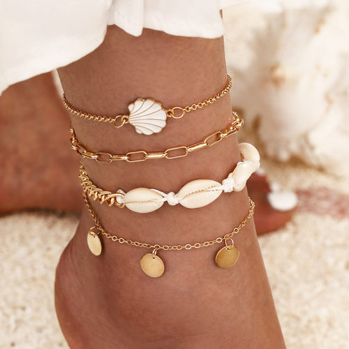 夏日波西米亚风 天然贝壳圆币流苏脚链 闺蜜同款Anklets 四件套