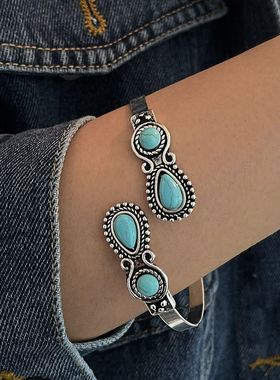 欧美跨境民族风个性复古合金松石开口手镯女波西米亚手镯饰品