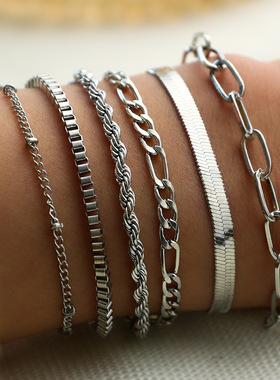 欧美跨境波西米亚极简手饰金属费加罗链女式套装多层链条简约手链