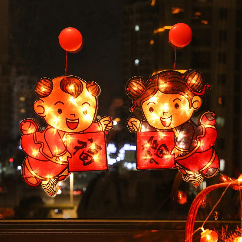 直销新款led新年春节元旦装饰灯吸盘灯过年发光福字红灯笼喜庆橱
