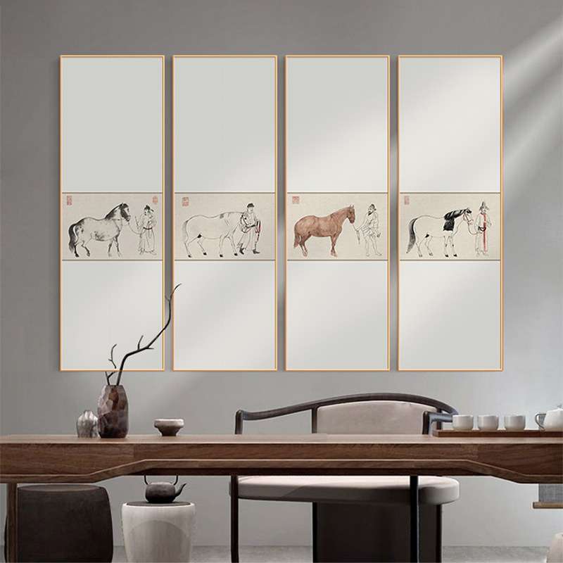 新中式五马图装饰画酒店别墅样板房客厅挂画多联书房茶室水墨国画图片