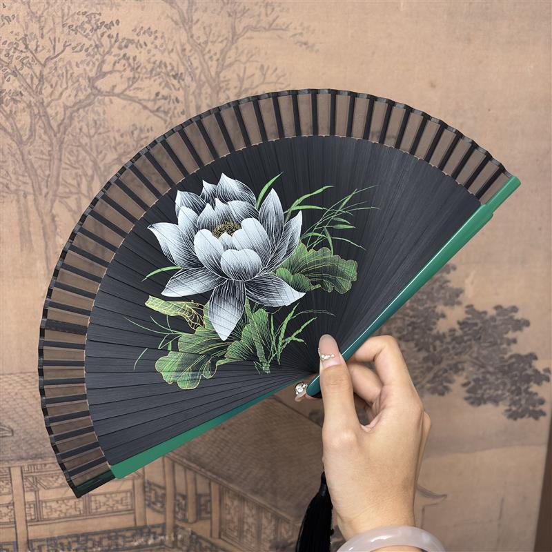 中式古风古典荷花折扇黑色流苏舞蹈表演道具手工竹扇礼品