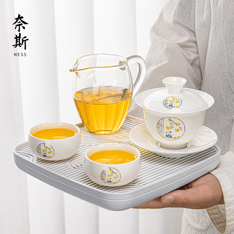羊脂玉白瓷盖碗茶具套装家用个人专用茶艺功夫陶瓷泡茶杯小型茶台