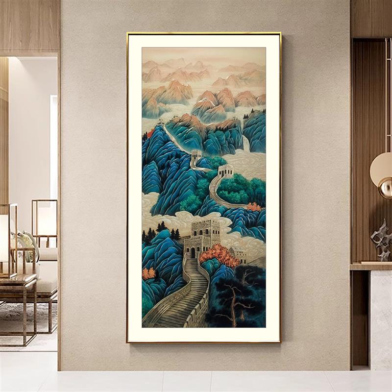 玄关走廊过道千里江山图入户门正对装饰画浮雕鎏金新中式山水画