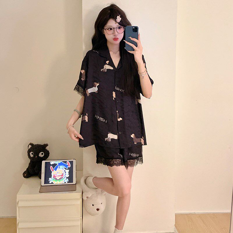 2025新款冰丝睡衣女士夏季短袖丝绸黑色蕾丝高级感家居服套装夏天