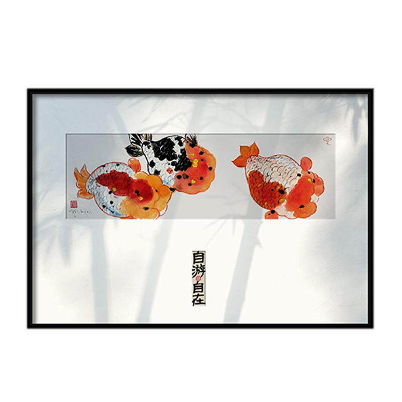 新中式金鱼客厅背景装饰画餐厅卧室床头横版挂画中式轻奢书房壁画