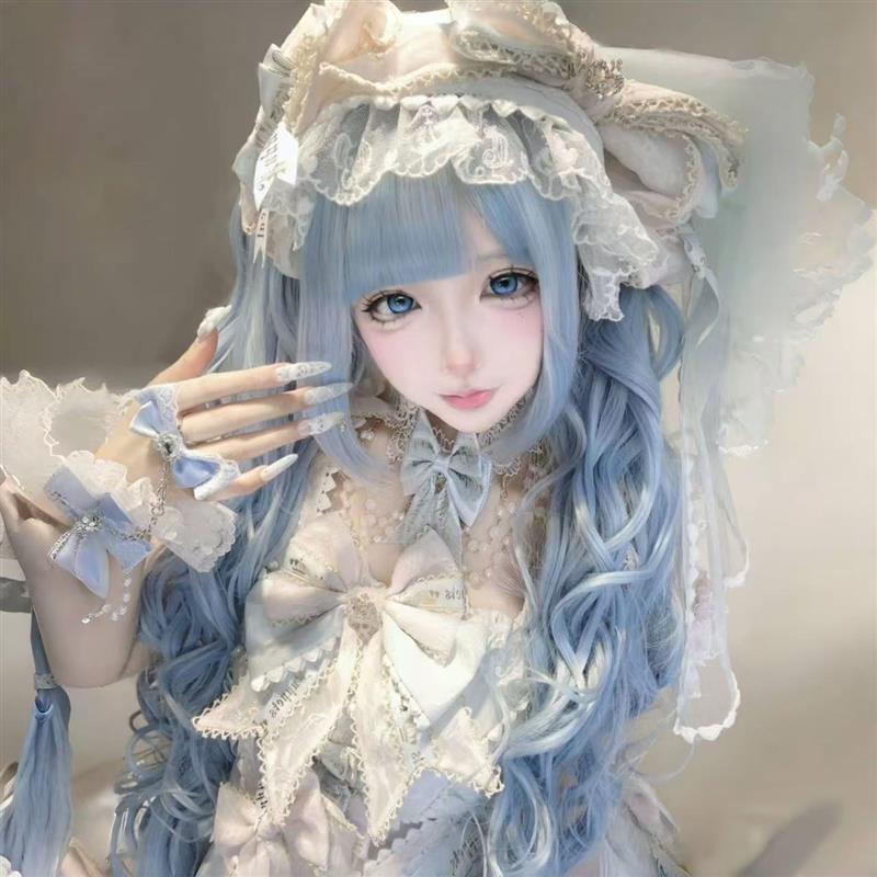 新款 冰蓝色假发早古姬系Lolita虎口夹双马尾 冰蓝色日常长卷发