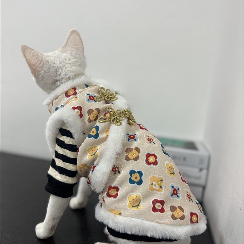 冬款加绒可爱小马甲拜年喜庆服斯芬克斯无毛猫德文衣服