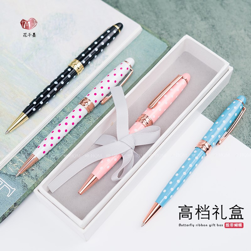 高颜值甜美旋动圆珠笔复古圆点少女心金属签字笔油笔学生日礼物