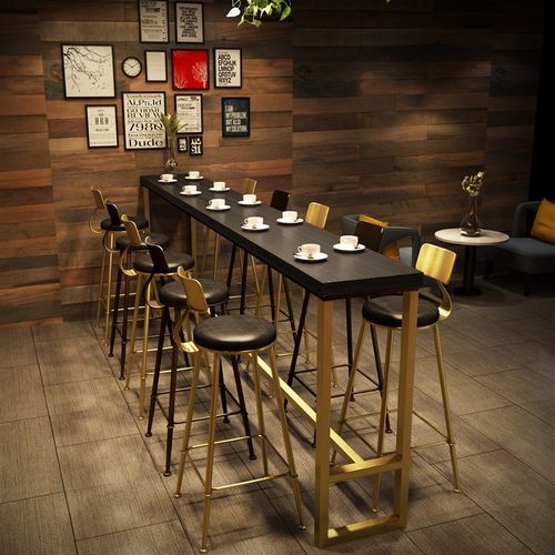 工业风家用实木铁艺高脚椅长条桌奶茶店咖啡厅靠墙酒吧台黑金桌椅
