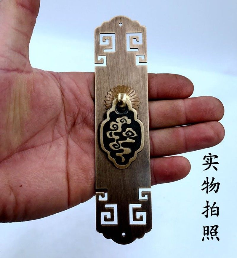 中式仿古纯铜拉手衣柜门单孔铜拉手回纹立式直条铜把手圆环拉手