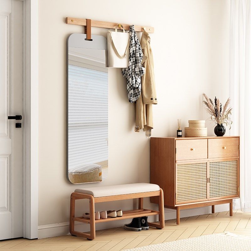 家逸全实木壁挂穿衣镜贴墙全身镜女生卧室试衣服镜子挂衣架一体镜