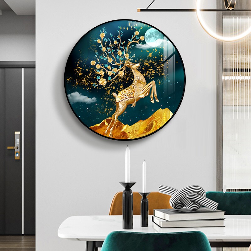 欧式玄关装饰画圆形鹿招财走廊过道挂画客厅餐厅镶钻壁画高档大气