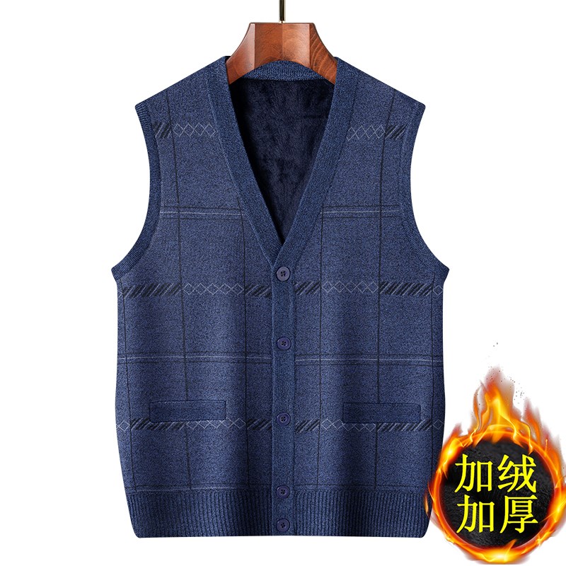 中老年人男士加绒加厚针织马甲冬装爸爸V领毛衣开衫爷爷保暖背心